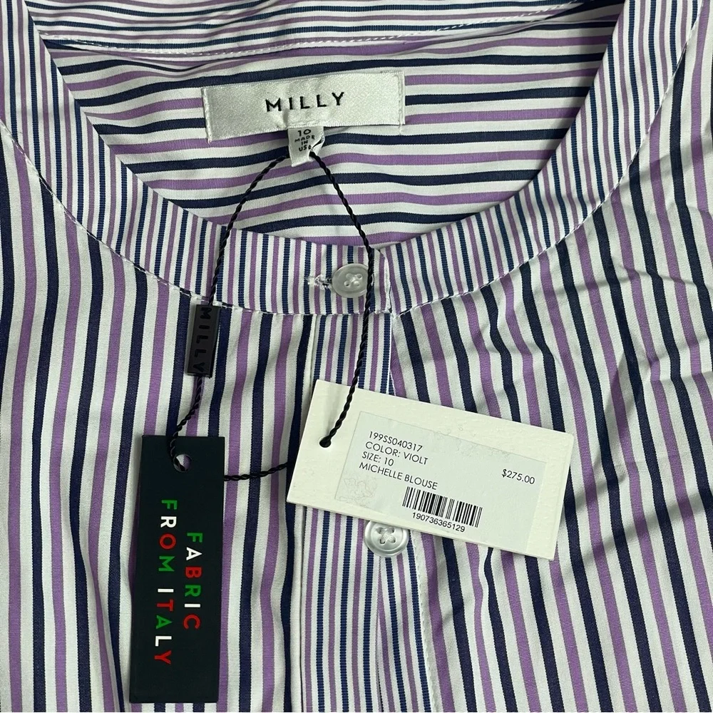 Milly Violet Stripe Long Bell Sleeve Button Down Blouse Women’s Size 10
